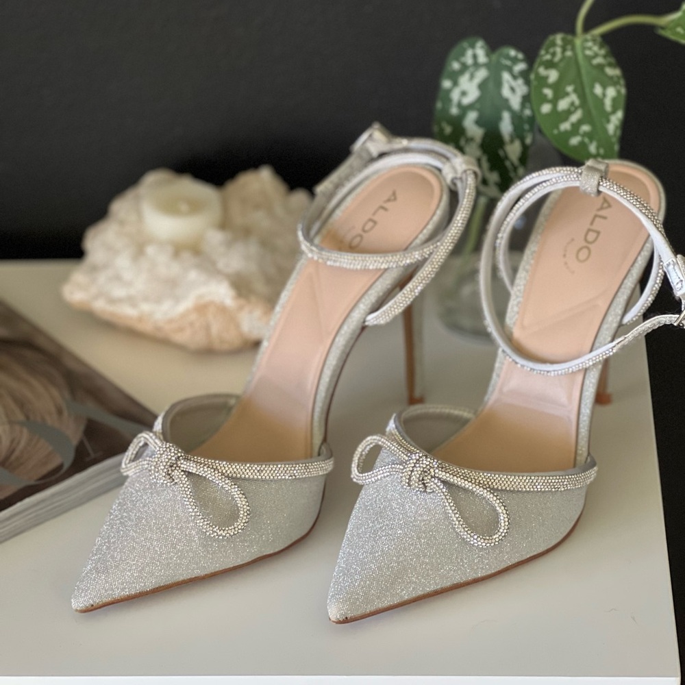 Aldo Arialy silver sparkle heels with rhinestone bows